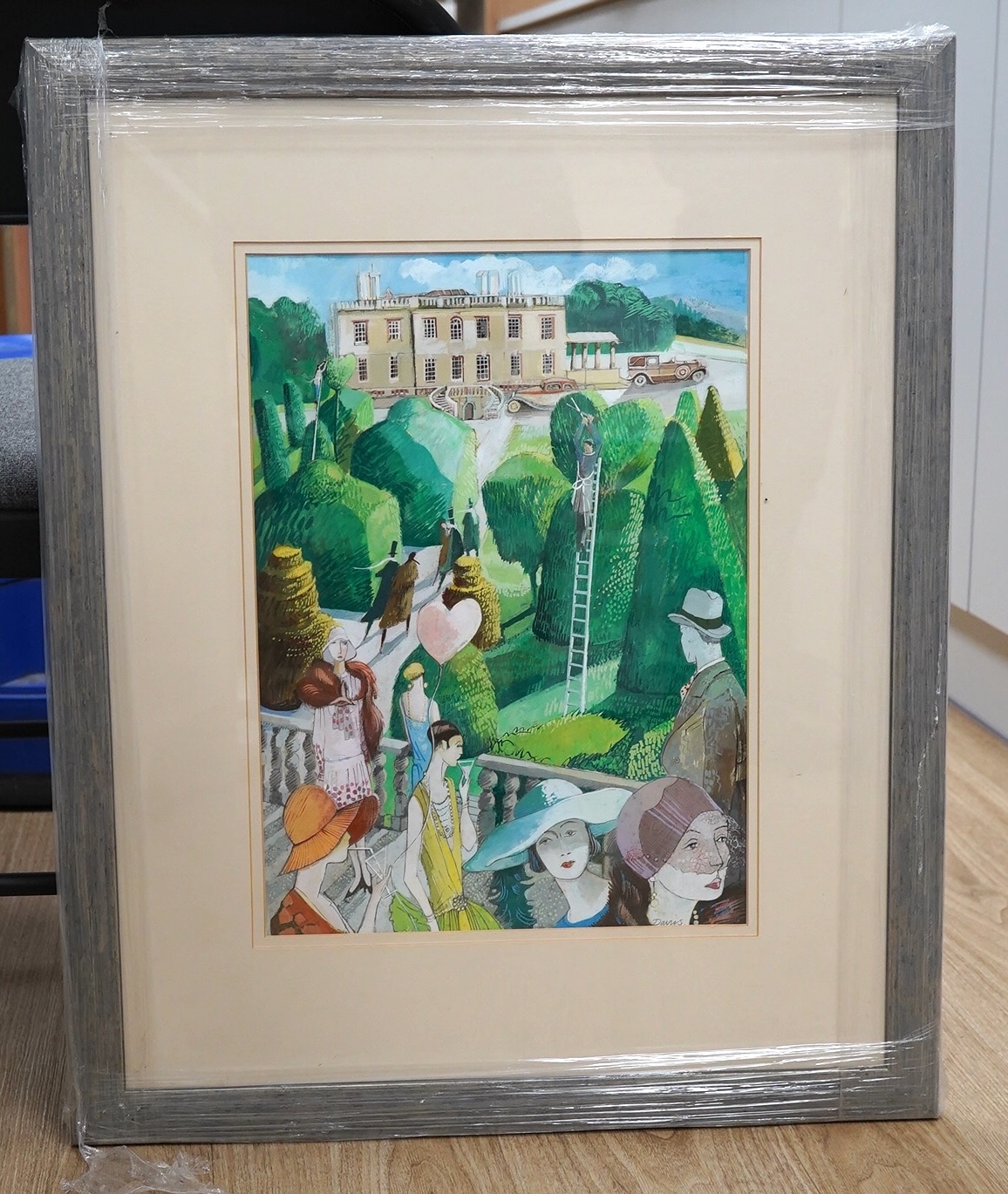 Davies, gouache, Art Deco scene with figures before a country house, 41 x 30cm. Condition - good